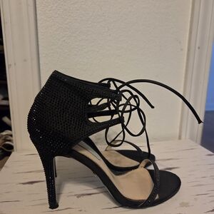 Betsey Johnson Black Rhinestone Lace-Up Heels